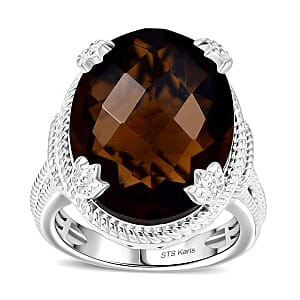 Karis Checkerboard Cut Brazilian Smoky Quartz 41.70 ctw Earrings, Ring (Size 10.0), Pendant in Platinum Bond with Stainless Steel Necklace 20 Inches