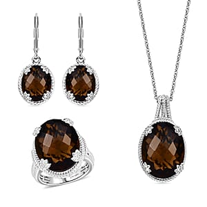 Karis Checkerboard Cut Brazilian Smoky Quartz 41.70 ctw Earrings, Ring (Size 9.0), Pendant in Platinum Bond with Stainless Steel Necklace 20 Inches