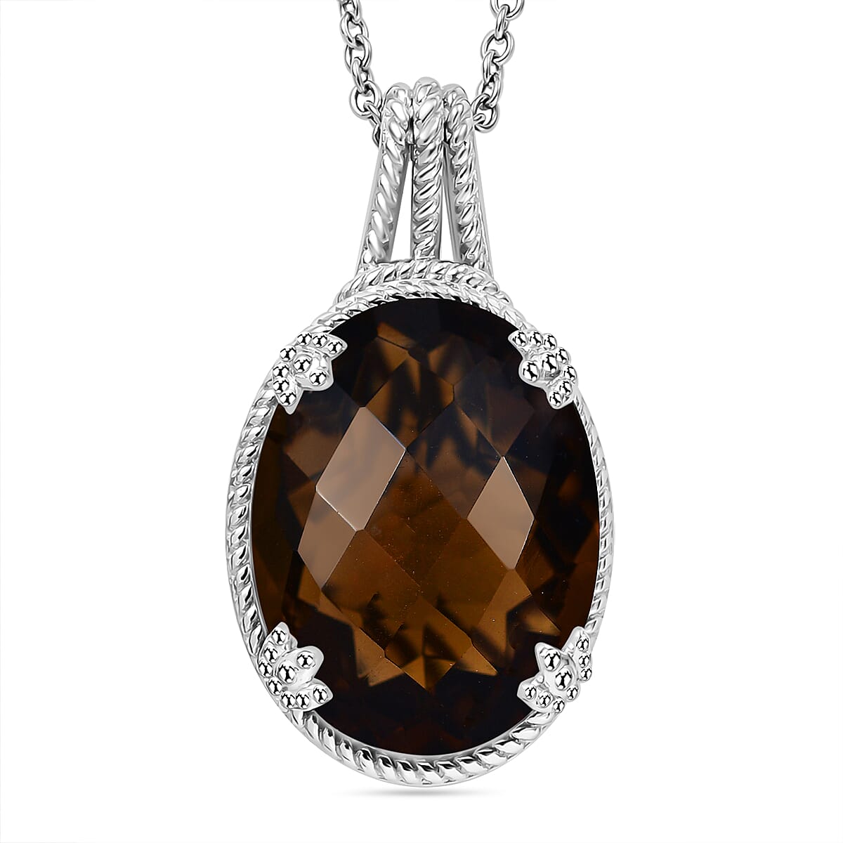 Karis Checkerboard Cut Brazilian Smoky Quartz 41.70 ctw Earrings, Ring (Size 9.0), Pendant in Platinum Bond with Stainless Steel Necklace 20 Inches image number 5
