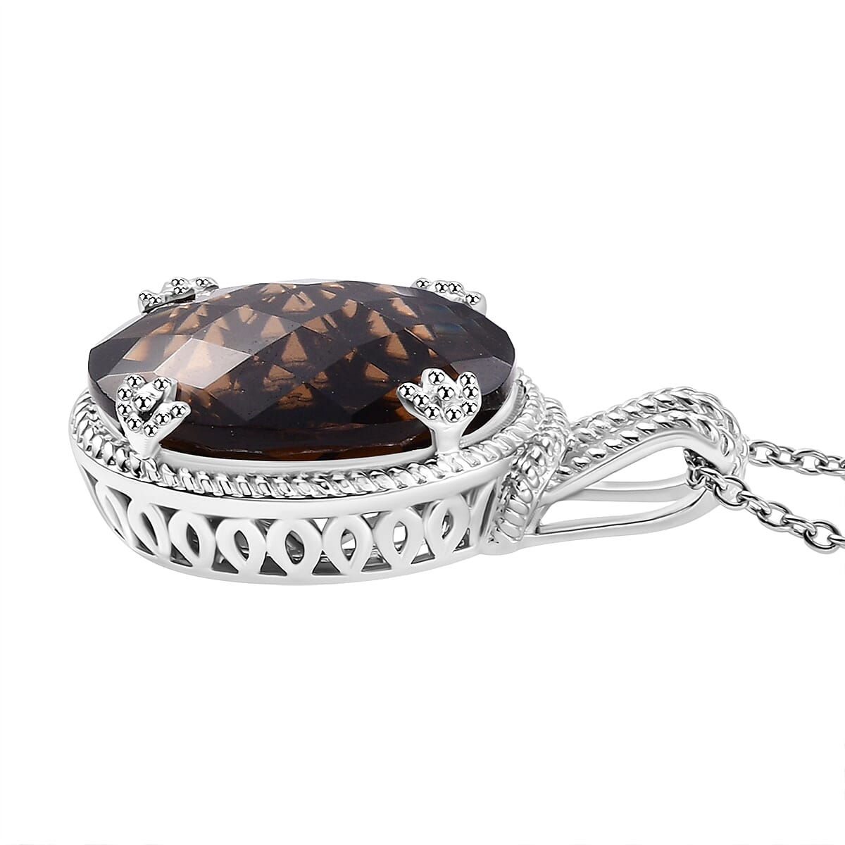 Karis Checkerboard Cut Brazilian Smoky Quartz 41.70 ctw Earrings, Ring (Size 9.0), Pendant in Platinum Bond with Stainless Steel Necklace 20 Inches image number 6
