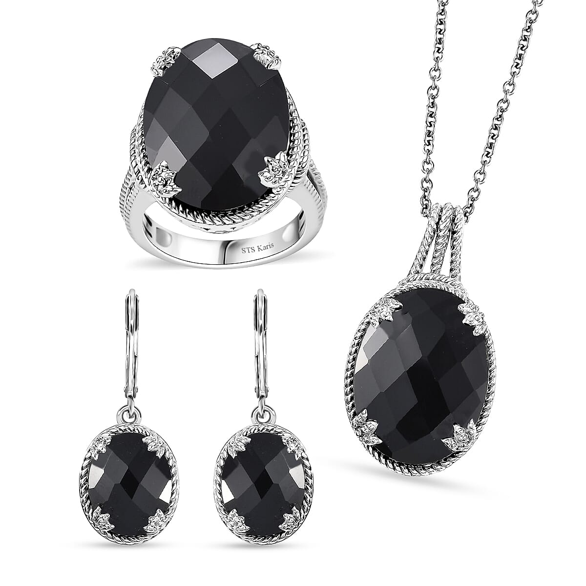 Karis Checkerboard Cut Thai Black Spinel 49.60 ctw Earrings, Ring (Size 6.0), Pendant in Platinum Bond with Stainless Steel Necklace 20 Inches image number 0
