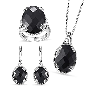 Karis Checkerboard Cut Thai Black Spinel 49.60 ctw Earrings, Ring (Size 6.0), Pendant in Platinum Bond with Stainless Steel Necklace 20 Inches