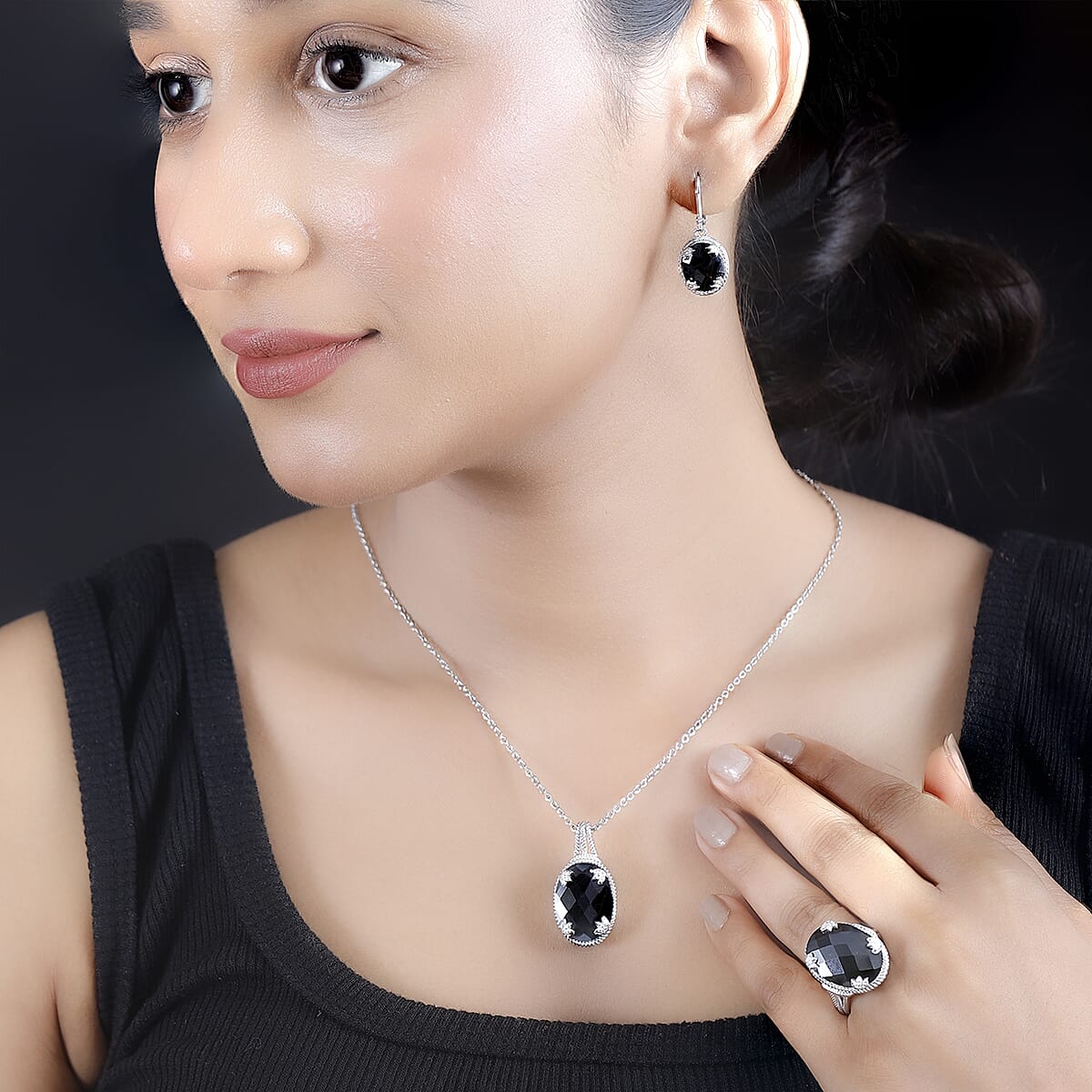 Karis Checkerboard Cut Thai Black Spinel 49.60 ctw Earrings, Ring (Size 6.0), Pendant in Platinum Bond with Stainless Steel Necklace 20 Inches image number 3