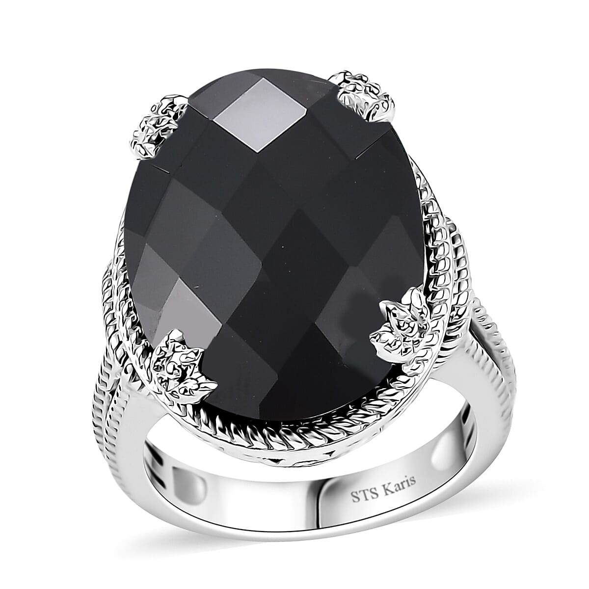 Karis Checkerboard Cut Thai Black Spinel 49.60 ctw Earrings, Ring (Size 6.0), Pendant in Platinum Bond with Stainless Steel Necklace 20 Inches image number 4