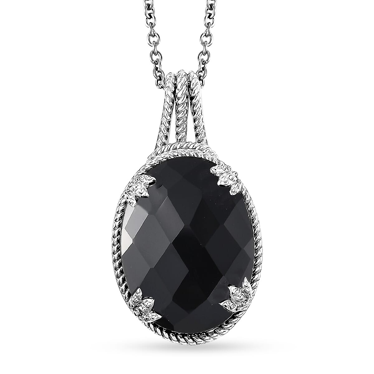 Karis Checkerboard Cut Thai Black Spinel 49.60 ctw Earrings, Ring (Size 6.0), Pendant in Platinum Bond with Stainless Steel Necklace 20 Inches image number 7