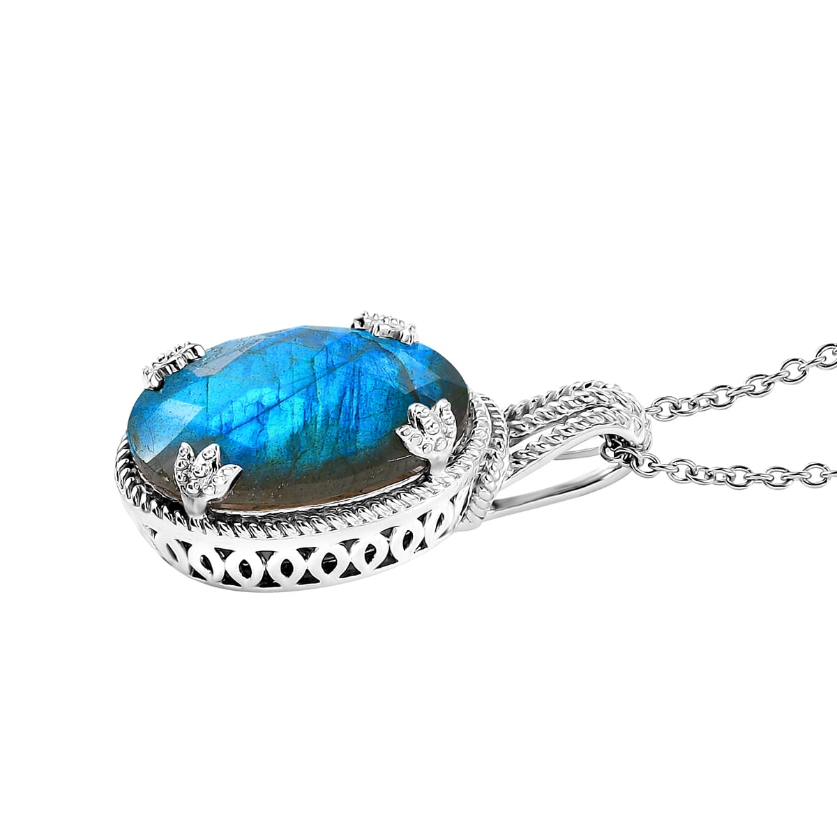 Karis Checkerboard Cut Malagasy Labradorite 35.30 ctw Earrings, Ring (Size 9.0), Pendant in Platinum Bond with Stainless Steel Necklace 20 Inches image number 10