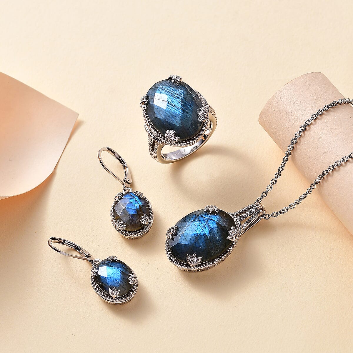 Karis Checkerboard Cut Malagasy Labradorite 35.30 ctw Earrings, Ring (Size 8.0), Pendant in Platinum Bond with Stainless Steel Necklace 20 Inches image number 1