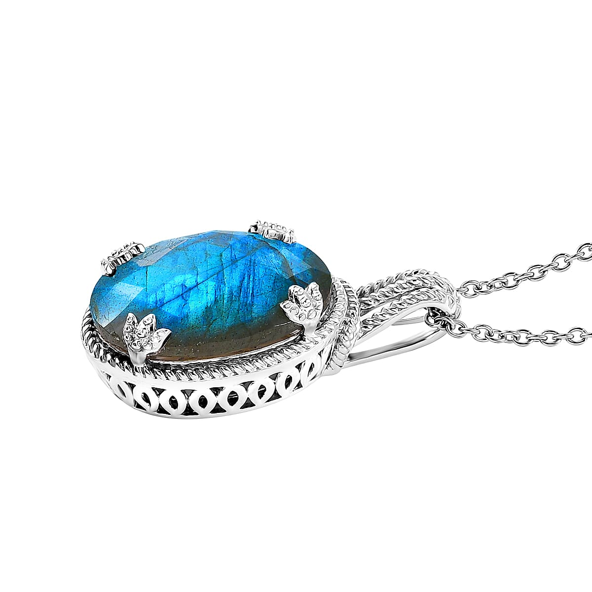 Karis Checkerboard Cut Malagasy Labradorite 35.30 ctw Earrings, Ring (Size 8.0), Pendant in Platinum Bond with Stainless Steel Necklace 20 Inches image number 10