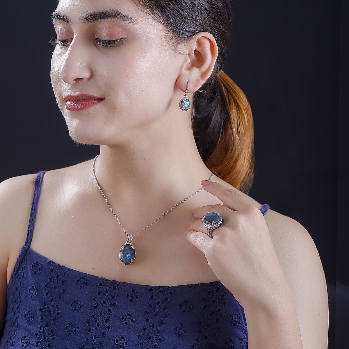 Karis Checkerboard Cut Malagasy Labradorite 35.30 ctw Earrings, Ring (Size 6.0), Pendant in Platinum Bond with Stainless Steel Necklace 20 Inches image number 3