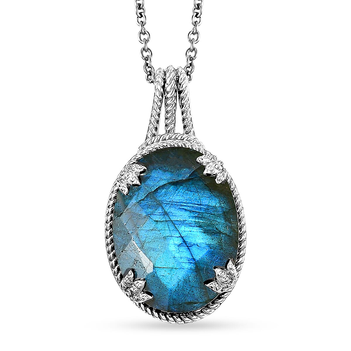 Karis Checkerboard Cut Malagasy Labradorite 35.30 ctw Earrings, Ring (Size 6.0), Pendant in Platinum Bond with Stainless Steel Necklace 20 Inches image number 9