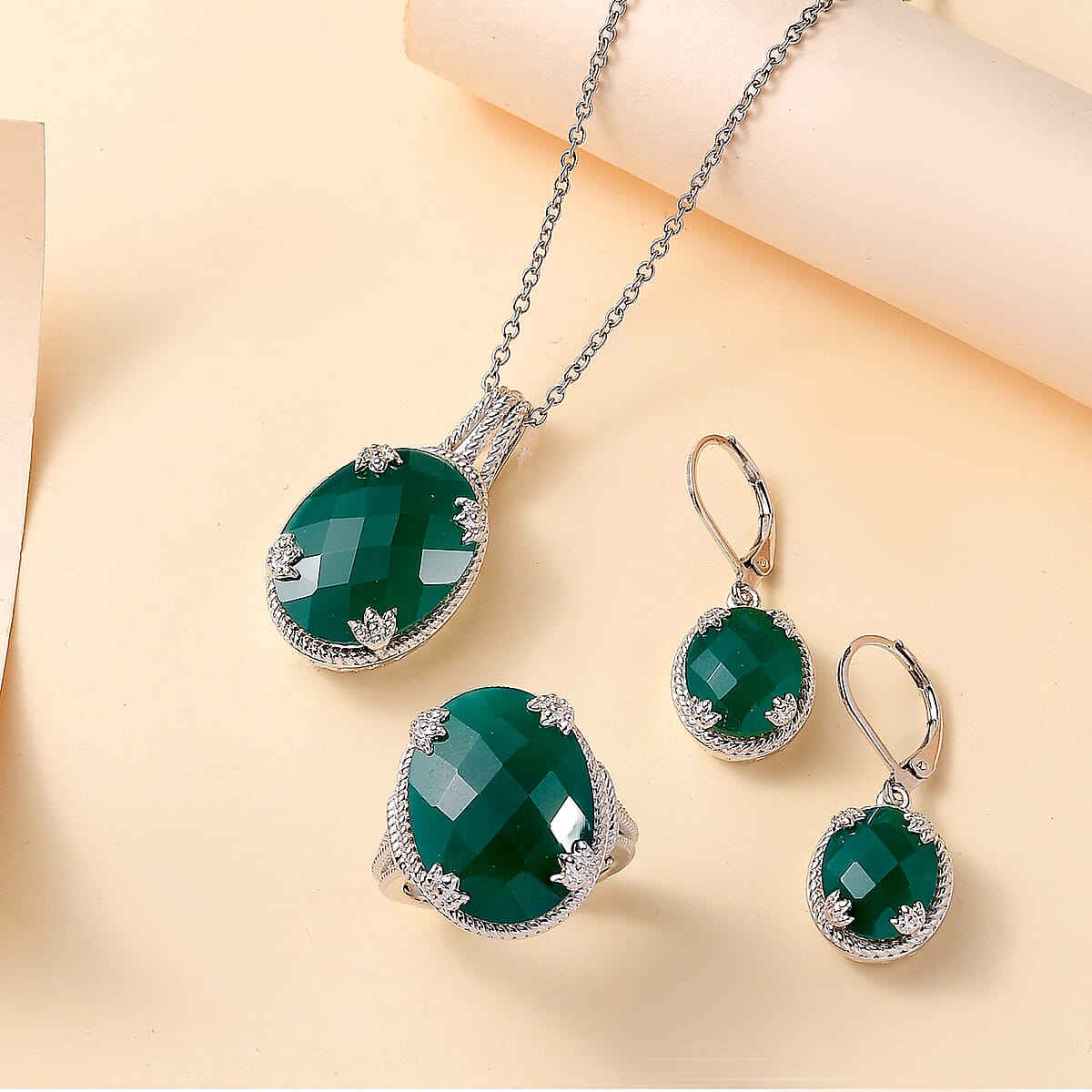 Karis Checkerboard Cut Green Onyx 33.40 ctw Earrings, Ring (Size 6.0), Pendant in Platinum Bond with Stainless Steel Necklace 20 Inches image number 1