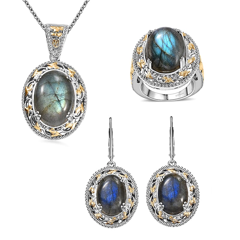 Karis Malagasy Labradorite 40.35 ctw Earrings, Ring (Size 5.0) and Pendant in 18K YG Plated and Platinum Bond with Stainless Steel Necklace 20 Inches