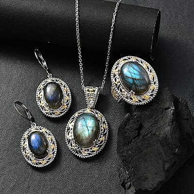 Karis Malagasy Labradorite 40.35 ctw Earrings, Ring (Size 5.0) and Pendant in 18K YG Plated and Platinum Bond with Stainless Steel Necklace 20 Inches