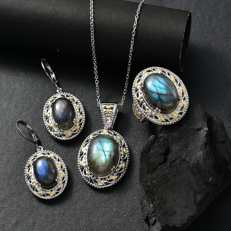 Karis Malagasy Labradorite 40.35 ctw Earrings, Ring (Size 5.0) and Pendant in 18K YG Plated and Platinum Bond with Stainless Steel Necklace 20 Inches