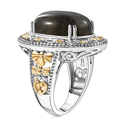 Karis Malagasy Labradorite 40.35 ctw Earrings, Ring (Size 5.0) and Pendant in 18K YG Plated and Platinum Bond with Stainless Steel Necklace 20 Inches