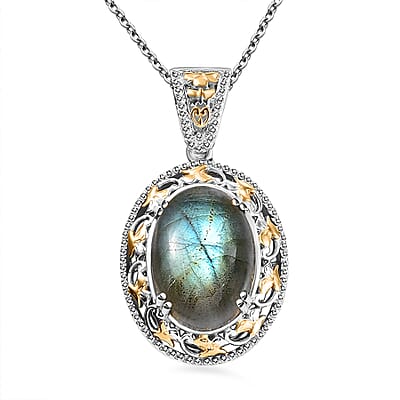 Karis Malagasy Labradorite 40.35 ctw Earrings, Ring (Size 5.0) and Pendant in 18K YG Plated and Platinum Bond with Stainless Steel Necklace 20 Inches