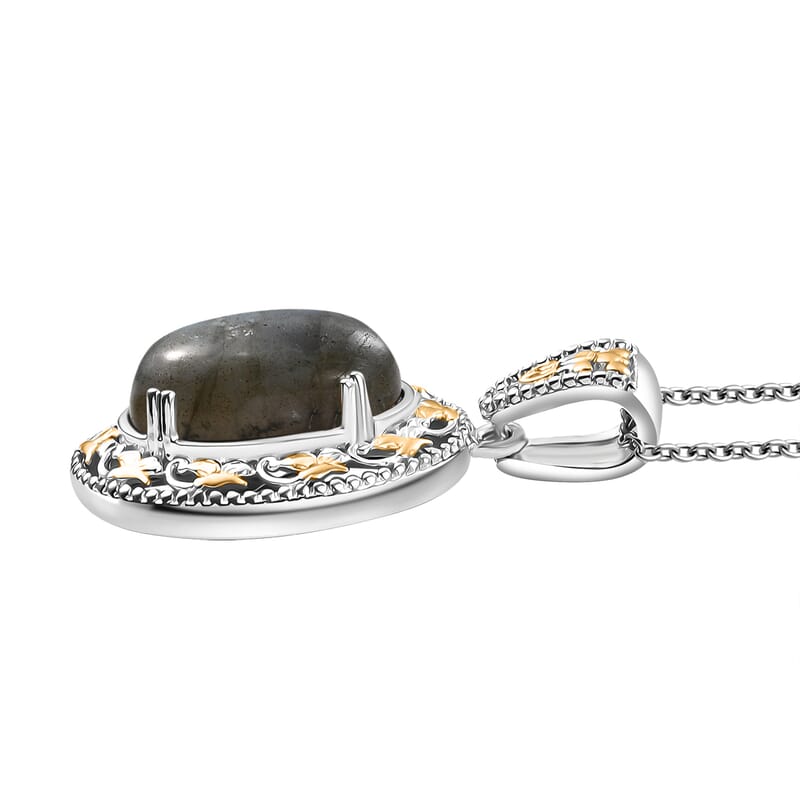 Karis Malagasy Labradorite 40.35 ctw Earrings, Ring (Size 5.0) and Pendant in 18K YG Plated and Platinum Bond with Stainless Steel Necklace 20 Inches