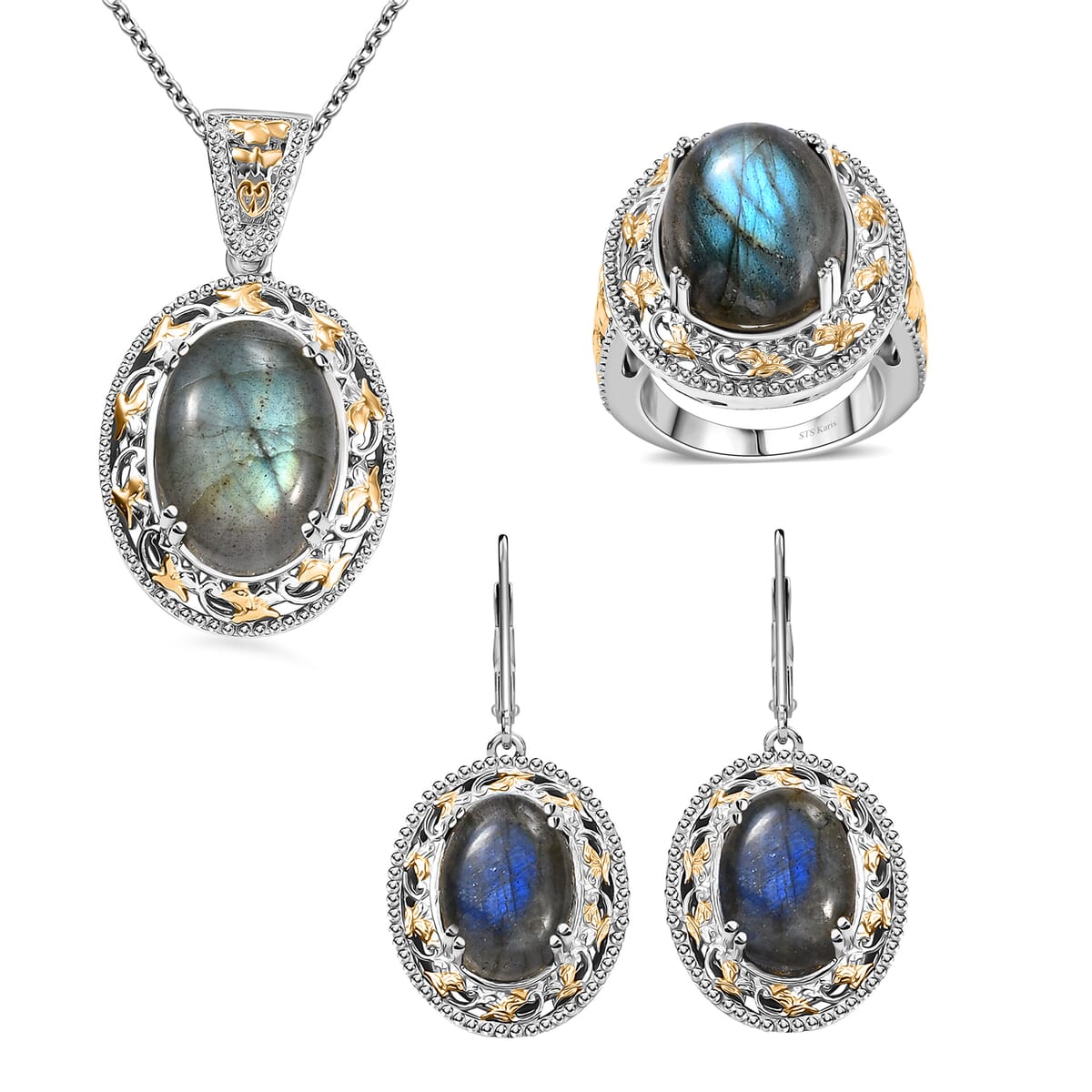Karis Malagasy Labradorite 40.35 ctw Earrings, Ring (Size 10.0) and Pendant in 18K YG Plated and Platinum Bond with Stainless Steel Necklace 20 Inches image number 0