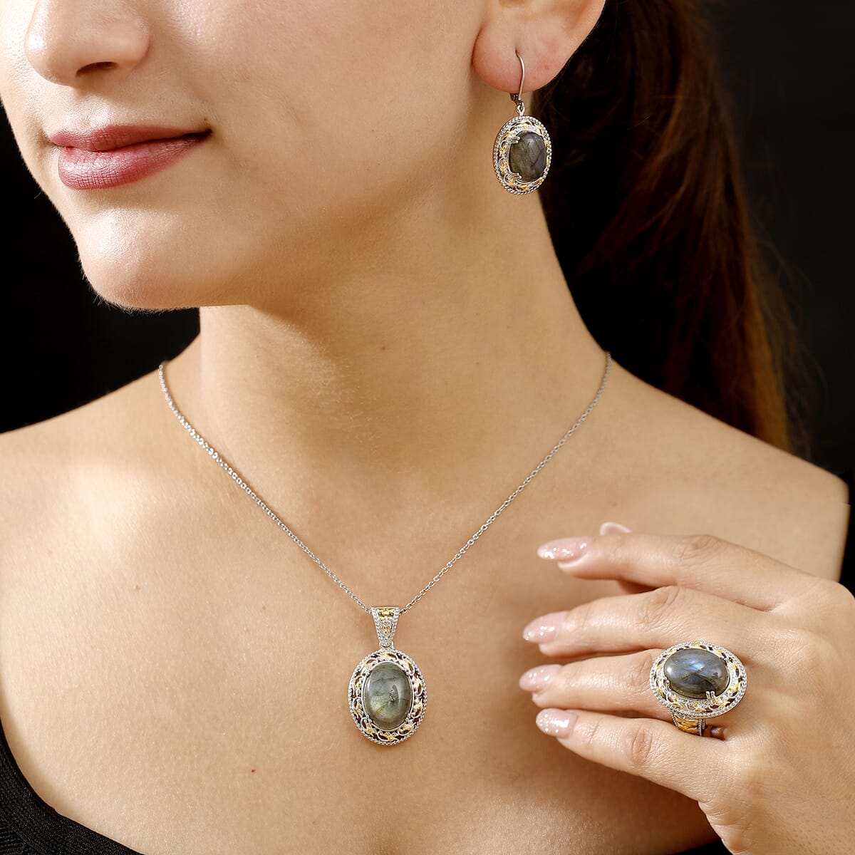 Karis Malagasy Labradorite 40.35 ctw Earrings, Ring (Size 10.0) and Pendant in 18K YG Plated and Platinum Bond with Stainless Steel Necklace 20 Inches image number 3