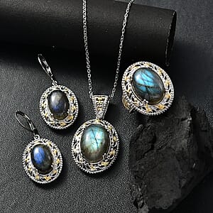 Karis Malagasy Labradorite 40.35 ctw Earrings, Ring (Size 7.0) and Pendant in 18K YG Plated and Platinum Bond with Stainless Steel Necklace 20 Inches