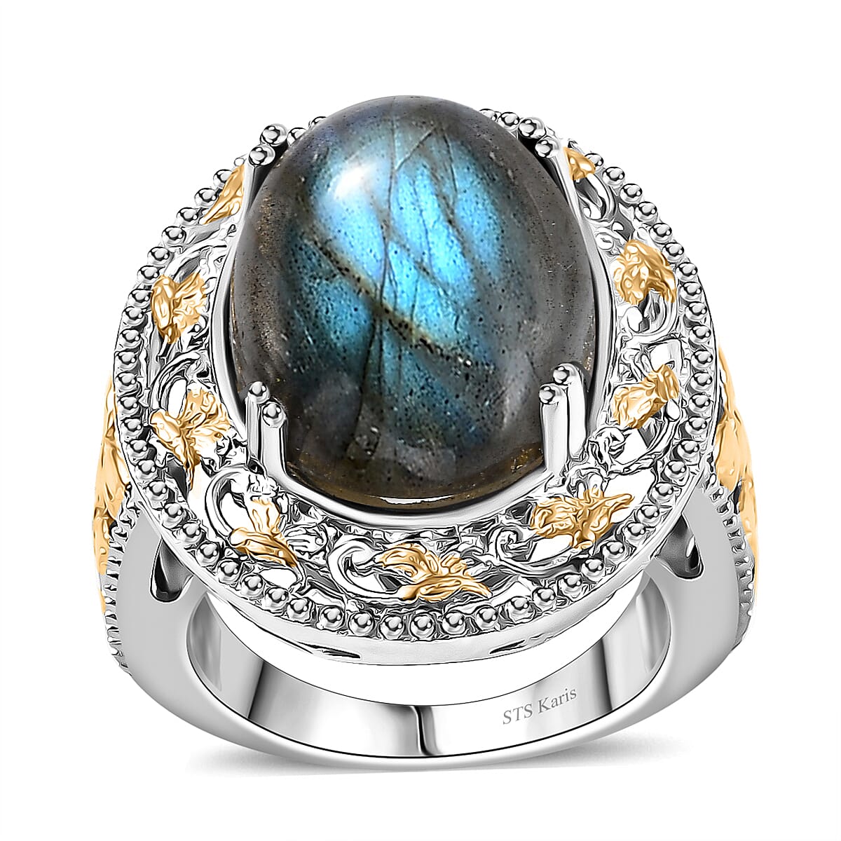 Karis Malagasy Labradorite 40.35 ctw Earrings, Ring (Size 7.0) and Pendant in 18K YG Plated and Platinum Bond with Stainless Steel Necklace 20 Inches image number 4