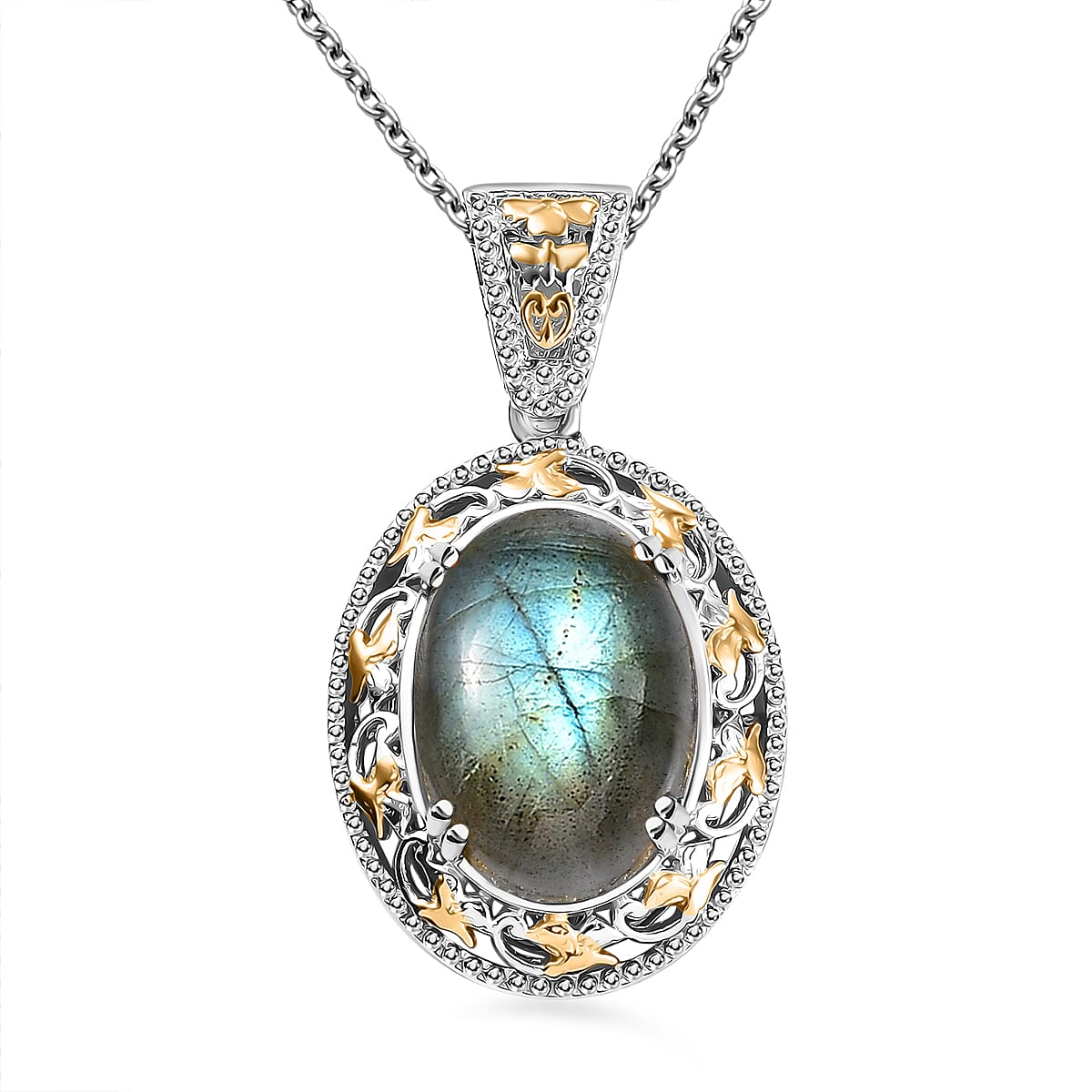 Karis Malagasy Labradorite 40.35 ctw Earrings, Ring (Size 7.0) and Pendant in 18K YG Plated and Platinum Bond with Stainless Steel Necklace 20 Inches image number 7