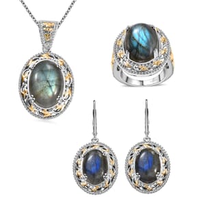 Karis Malagasy Labradorite 40.35 ctw Earrings, Ring (Size 6.0) and Pendant in 18K YG Plated and Platinum Bond with Stainless Steel Necklace 20 Inches