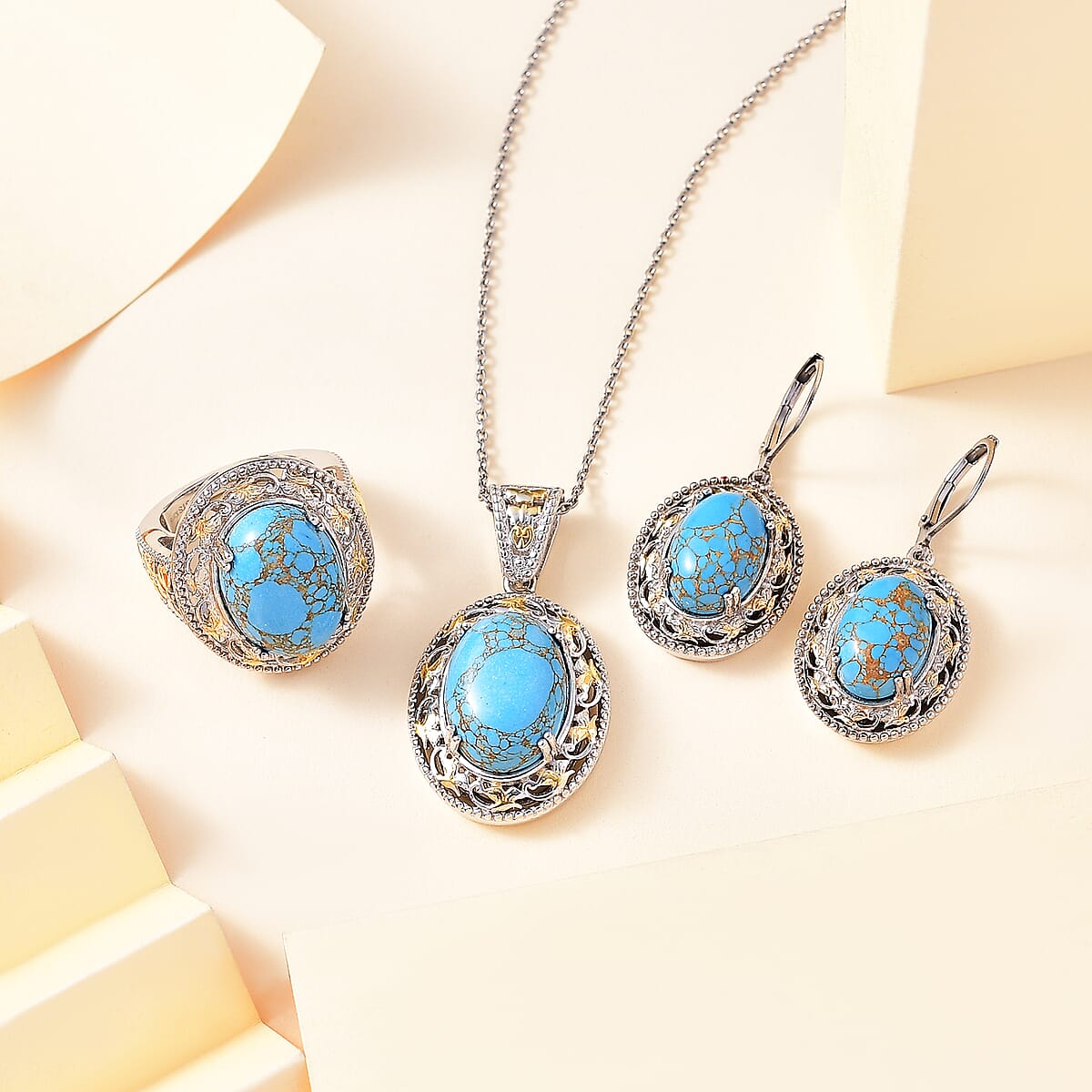 Karis Mojave Blue Turquoise 32.45 ctw Earrings, Ring (Size 10.0) and Pendant in 18K YG Plated and Platinum Bond with Stainless Steel Necklace 20 Inches image number 1