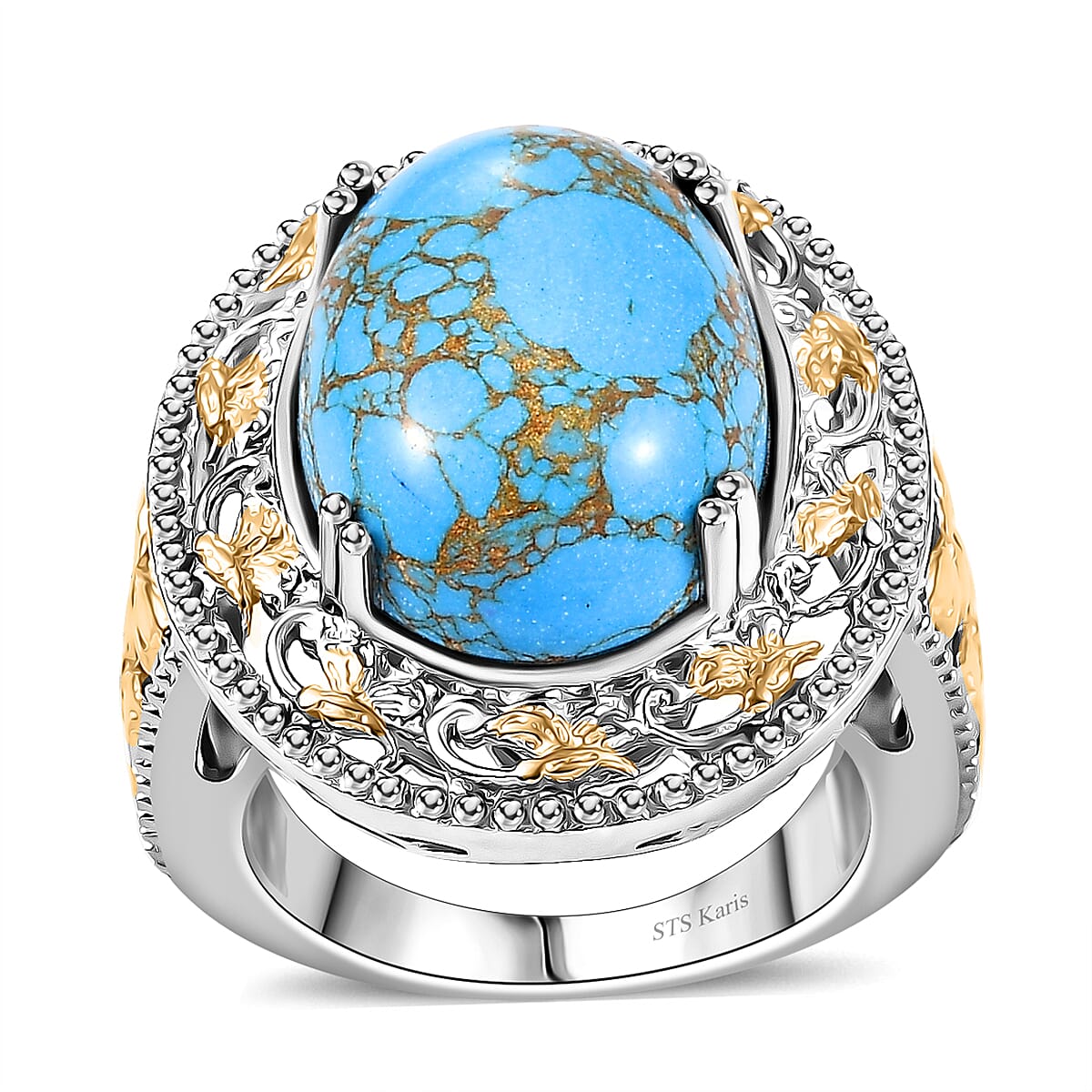 Karis Mojave Blue Turquoise 32.45 ctw Earrings, Ring (Size 10.0) and Pendant in 18K YG Plated and Platinum Bond with Stainless Steel Necklace 20 Inches image number 4