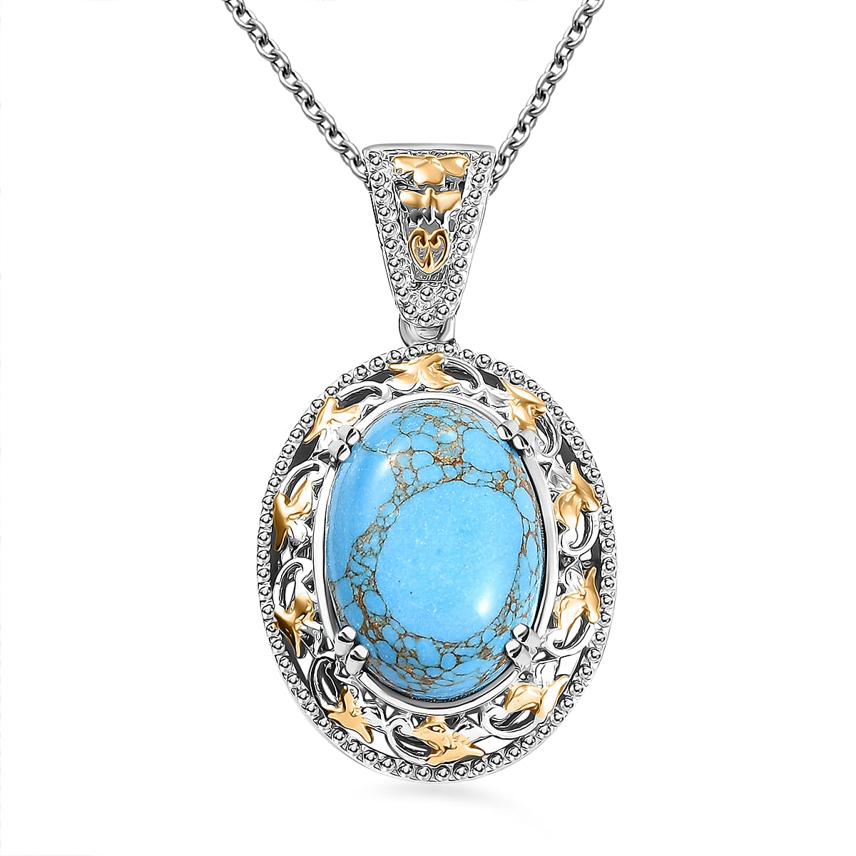Karis Mojave Blue Turquoise 32.45 ctw Earrings, Ring (Size 10.0) and Pendant in 18K YG Plated and Platinum Bond with Stainless Steel Necklace 20 Inches image number 7