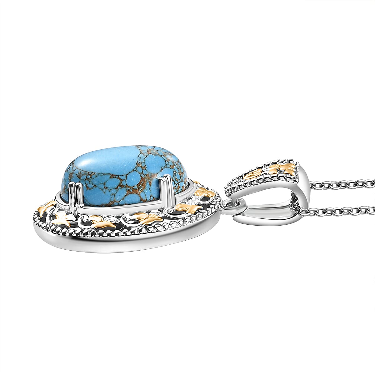 Karis Mojave Blue Turquoise 32.45 ctw Earrings, Ring (Size 10.0) and Pendant in 18K YG Plated and Platinum Bond with Stainless Steel Necklace 20 Inches image number 8