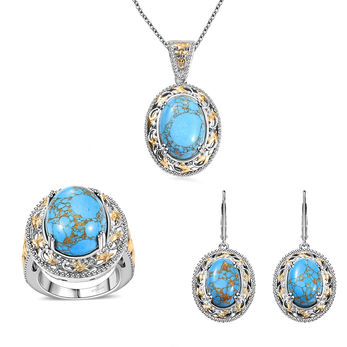 Karis Mojave Blue Turquoise 32.45 ctw Earrings, Ring (Size 6.0) and Pendant in 18K YG Plated and Platinum Bond with Stainless Steel Necklace 20 Inches image number 0