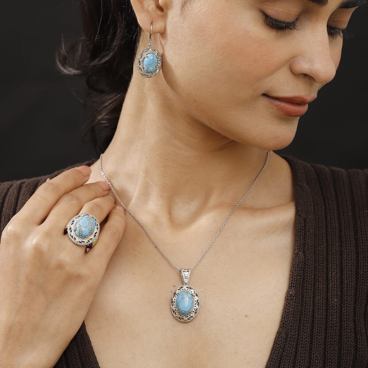 Karis Mojave Blue Turquoise 32.45 ctw Earrings, Ring (Size 6.0) and Pendant in 18K YG Plated and Platinum Bond with Stainless Steel Necklace 20 Inches image number 3