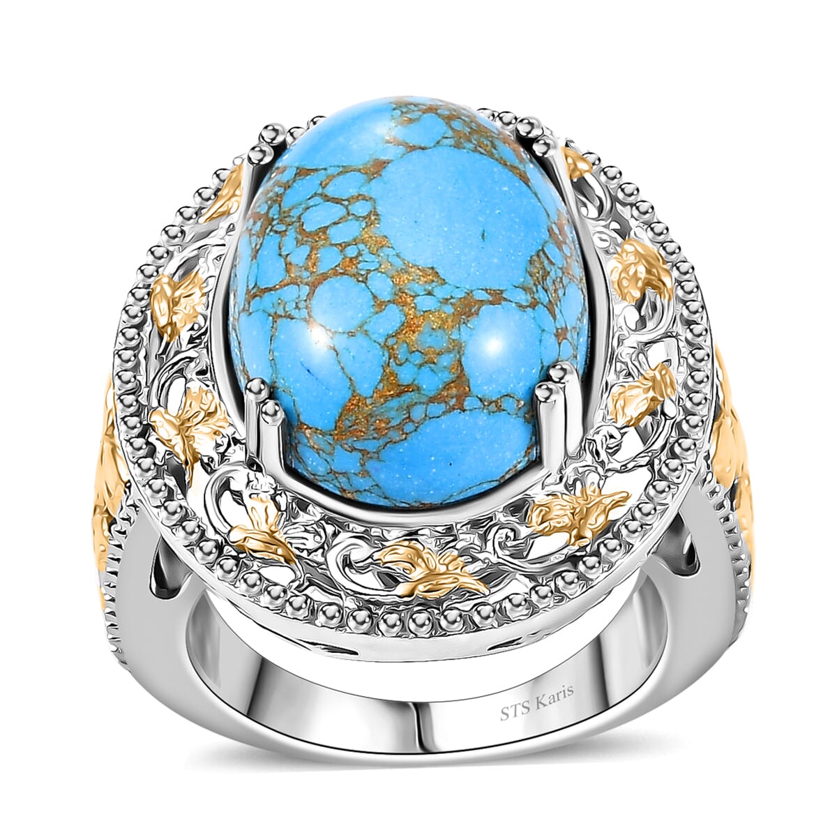 Karis Mojave Blue Turquoise 32.45 ctw Earrings, Ring (Size 6.0) and Pendant in 18K YG Plated and Platinum Bond with Stainless Steel Necklace 20 Inches image number 4