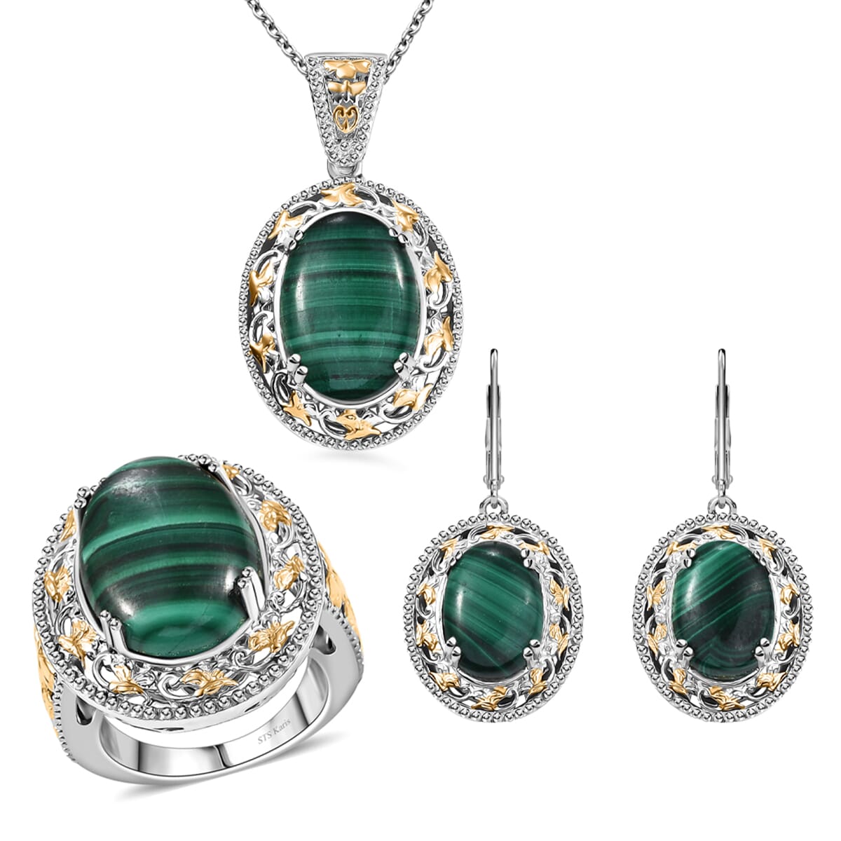 Karis African Malachite 44.00 ctw Earrings, Ring (Size 7.0) and Pendant in 18K YG Plated and Platinum Bond with Stainless Steel Necklace 20 Inches image number 0