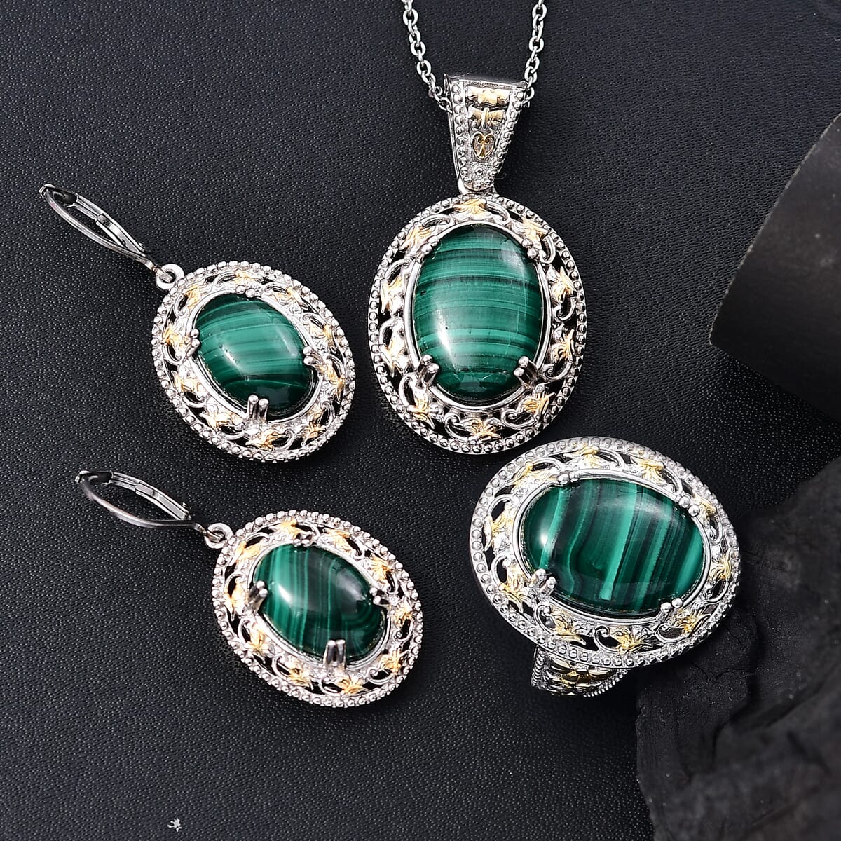 Karis African Malachite 44.00 ctw Earrings, Ring (Size 7.0) and Pendant in 18K YG Plated and Platinum Bond with Stainless Steel Necklace 20 Inches image number 1