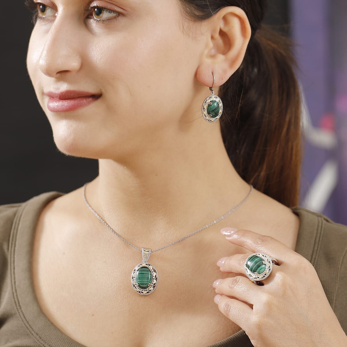 Karis African Malachite 44.00 ctw Earrings, Ring (Size 7.0) and Pendant in 18K YG Plated and Platinum Bond with Stainless Steel Necklace 20 Inches image number 3