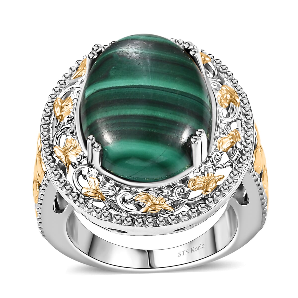 Karis African Malachite 44.00 ctw Earrings, Ring (Size 7.0) and Pendant in 18K YG Plated and Platinum Bond with Stainless Steel Necklace 20 Inches image number 4