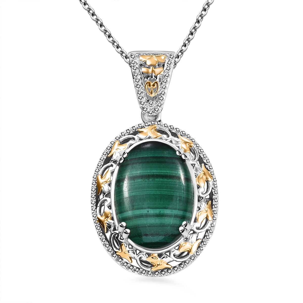 Karis African Malachite 44.00 ctw Earrings, Ring (Size 7.0) and Pendant in 18K YG Plated and Platinum Bond with Stainless Steel Necklace 20 Inches image number 7