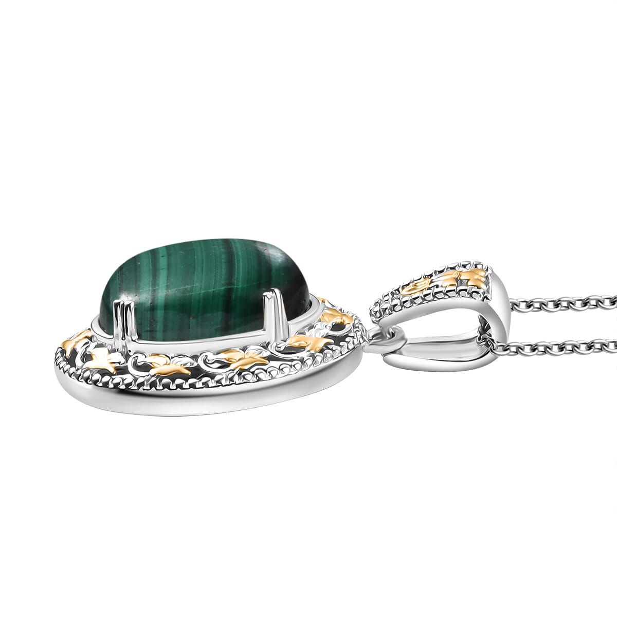 Karis African Malachite 44.00 ctw Earrings, Ring (Size 7.0) and Pendant in 18K YG Plated and Platinum Bond with Stainless Steel Necklace 20 Inches image number 8