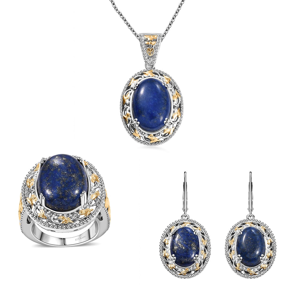 Karis Lapis Lazuli 39.10 ctw Earrings, Ring (Size 8.0) and Pendant in 18K YG Plated and Platinum Bond with Stainless Steel Necklace 20 Inches image number 0
