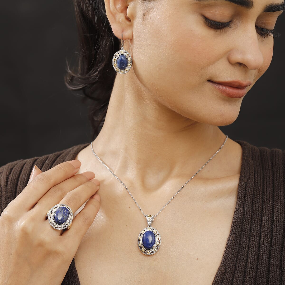 Karis Lapis Lazuli 39.10 ctw Earrings, Ring (Size 8.0) and Pendant in 18K YG Plated and Platinum Bond with Stainless Steel Necklace 20 Inches image number 3