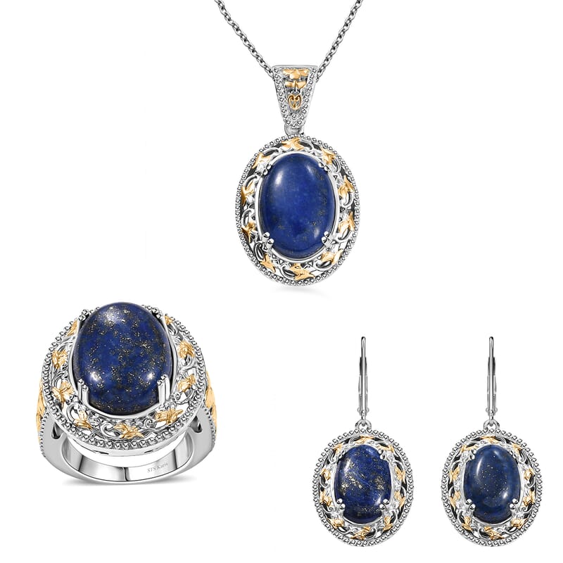 Karis Lapis Lazuli 39.10 ctw Earrings, Ring (Size 6.0) and Pendant in 18K YG Plated and Platinum Bond with Stainless Steel Necklace 20 Inches