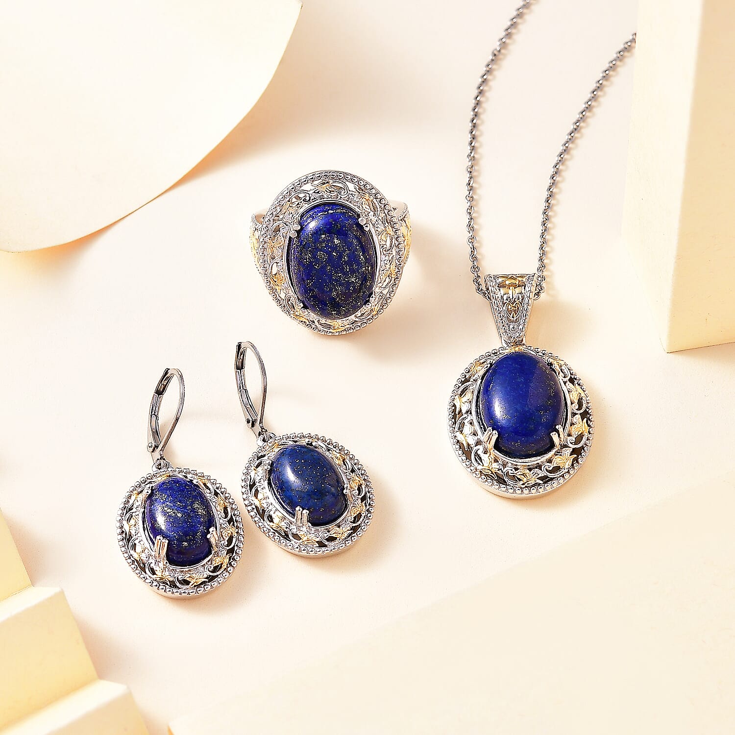 Karis Lapis Lazuli 39.10 ctw Earrings, Ring (Size 6.0) and Pendant in 18K YG Plated and Platinum Bond with Stainless Steel Necklace 20 Inches