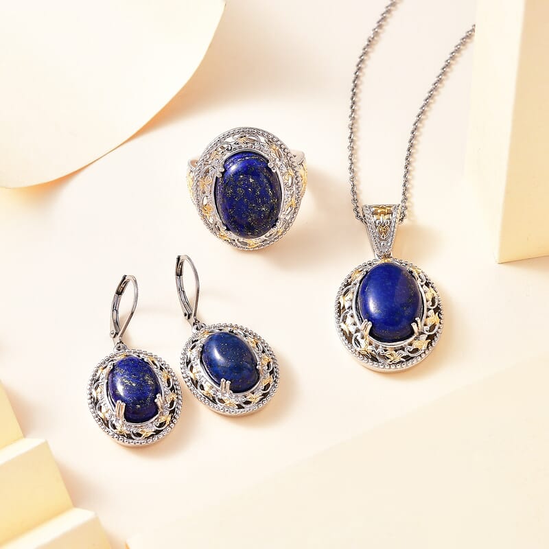 Karis Lapis Lazuli 39.10 ctw Earrings, Ring (Size 6.0) and Pendant in 18K YG Plated and Platinum Bond with Stainless Steel Necklace 20 Inches
