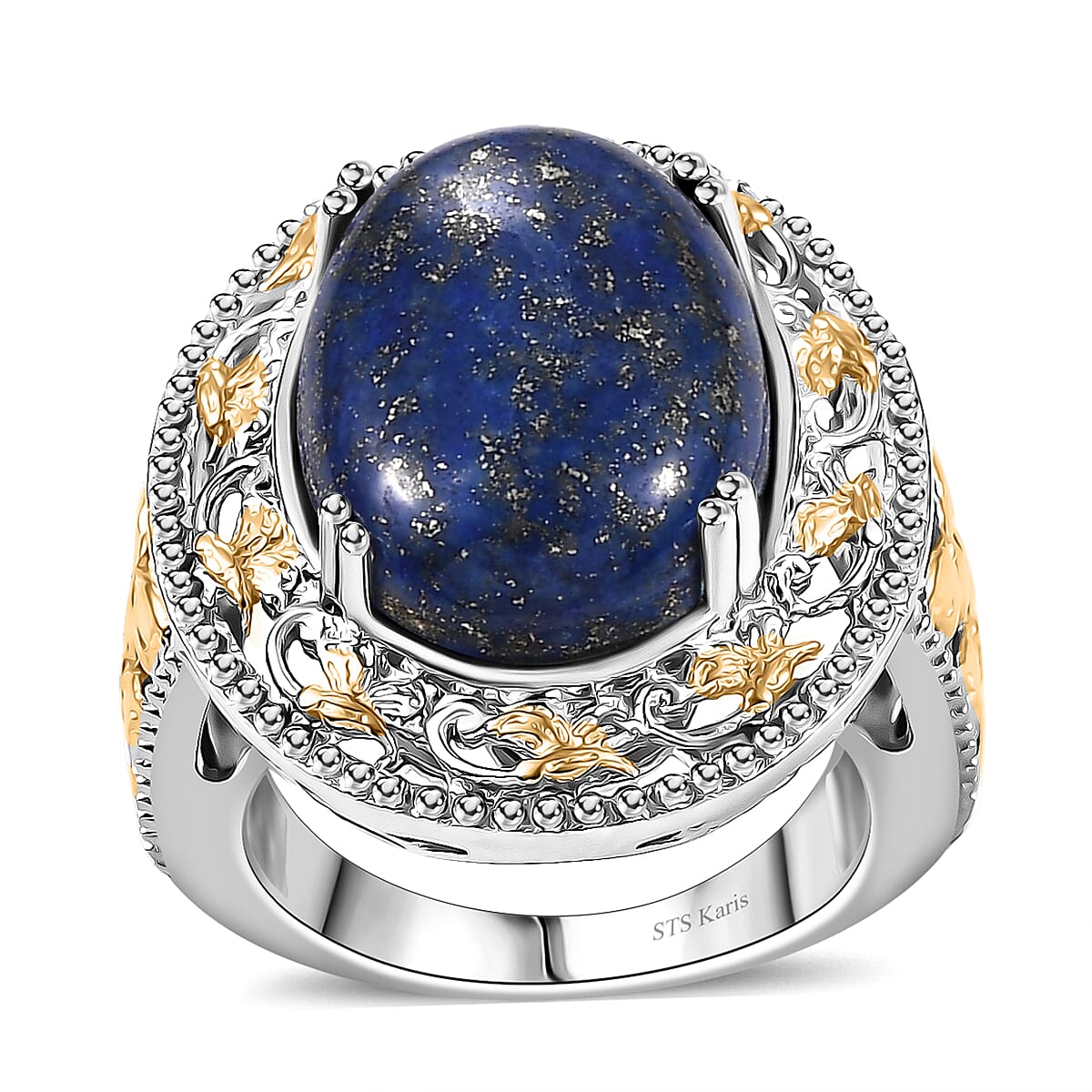 Karis Lapis Lazuli 39.10 ctw Earrings, Ring (Size 6.0) and Pendant in 18K YG Plated and Platinum Bond with Stainless Steel Necklace 20 Inches