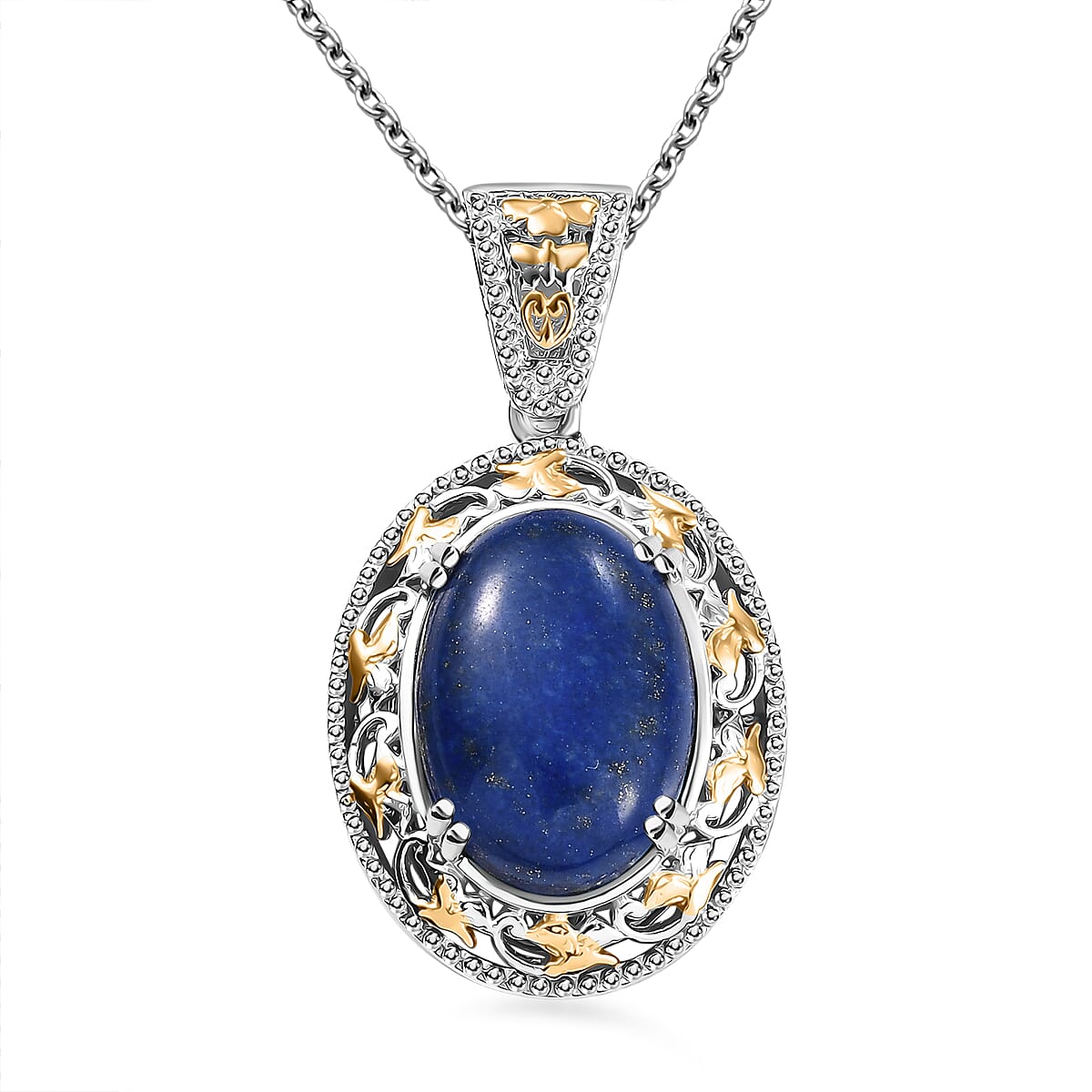Karis Lapis Lazuli 39.10 ctw Earrings, Ring (Size 6.0) and Pendant in 18K YG Plated and Platinum Bond with Stainless Steel Necklace 20 Inches
