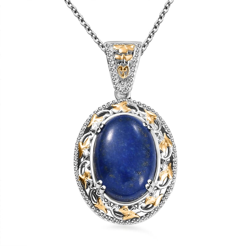Karis Lapis Lazuli 39.10 ctw Earrings, Ring (Size 6.0) and Pendant in 18K YG Plated and Platinum Bond with Stainless Steel Necklace 20 Inches