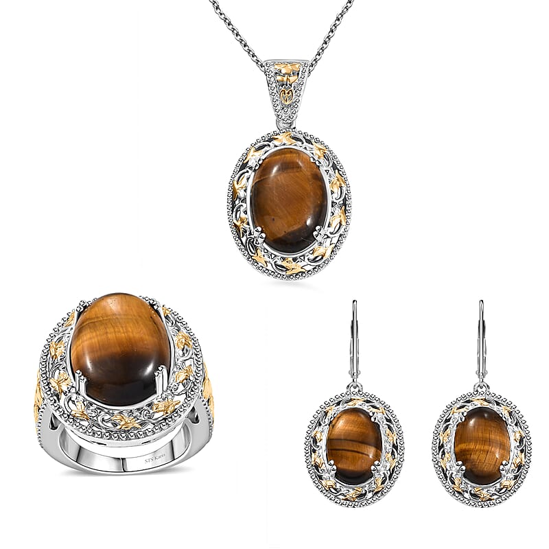 Karis Tigers Eye 39.30 ctw Earrings, Ring (Size 6.0) and Pendant in 18K YG Plated and Platinum Bond with Stainless Steel Necklace 20 Inches