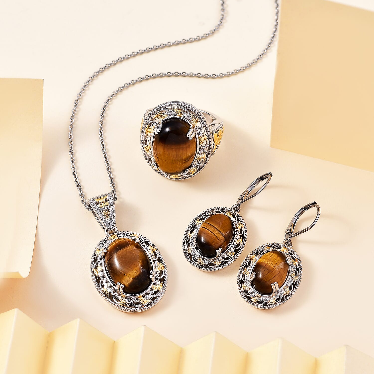 Karis Tigers Eye 39.30 ctw Earrings, Ring (Size 6.0) and Pendant in 18K YG Plated and Platinum Bond with Stainless Steel Necklace 20 Inches